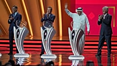 (From L), Former internationals Cafu (Brazil), Lothar Matthaus (Germany), Adel Ahmed MalAllah (Qatar), and Serbian-Mexican retired manager Bora Milutinovic at the draw, 1/4/22