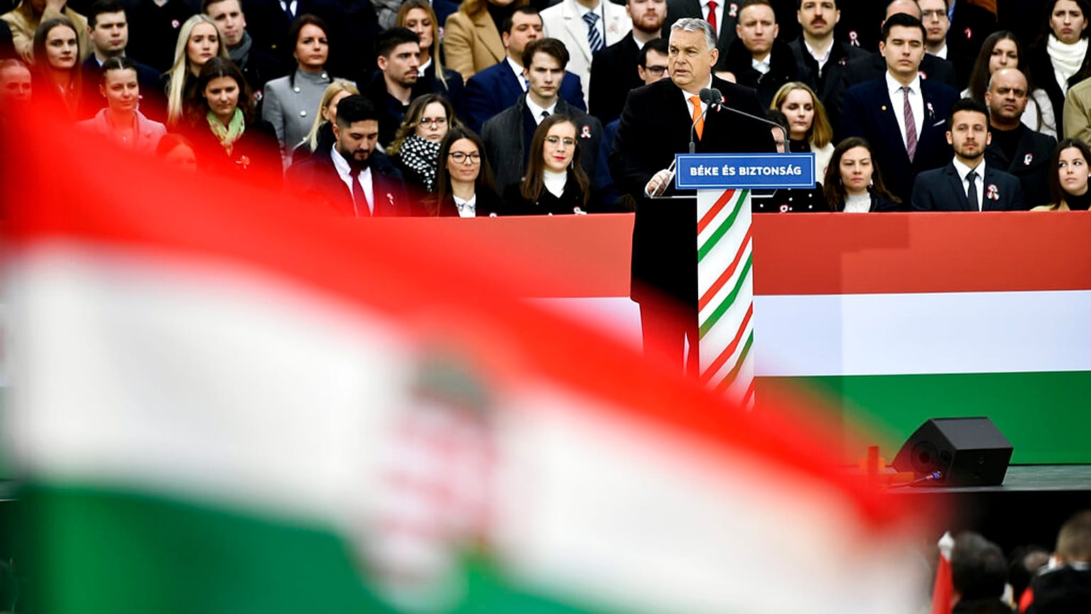 Budapest, Ungheria, 15 marzo 2022: un comizio di Viktor Orban