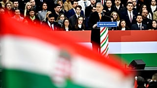 Budapest, Ungheria, 15 marzo 2022: un comizio di Viktor Orban