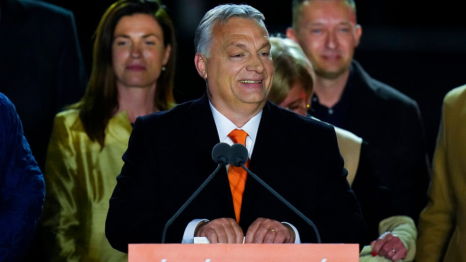 Le Premier ministre sortant Viktor Orban, fêtant sa victoire aux législatives - Budapest (Hongrie), le 03/04/2022