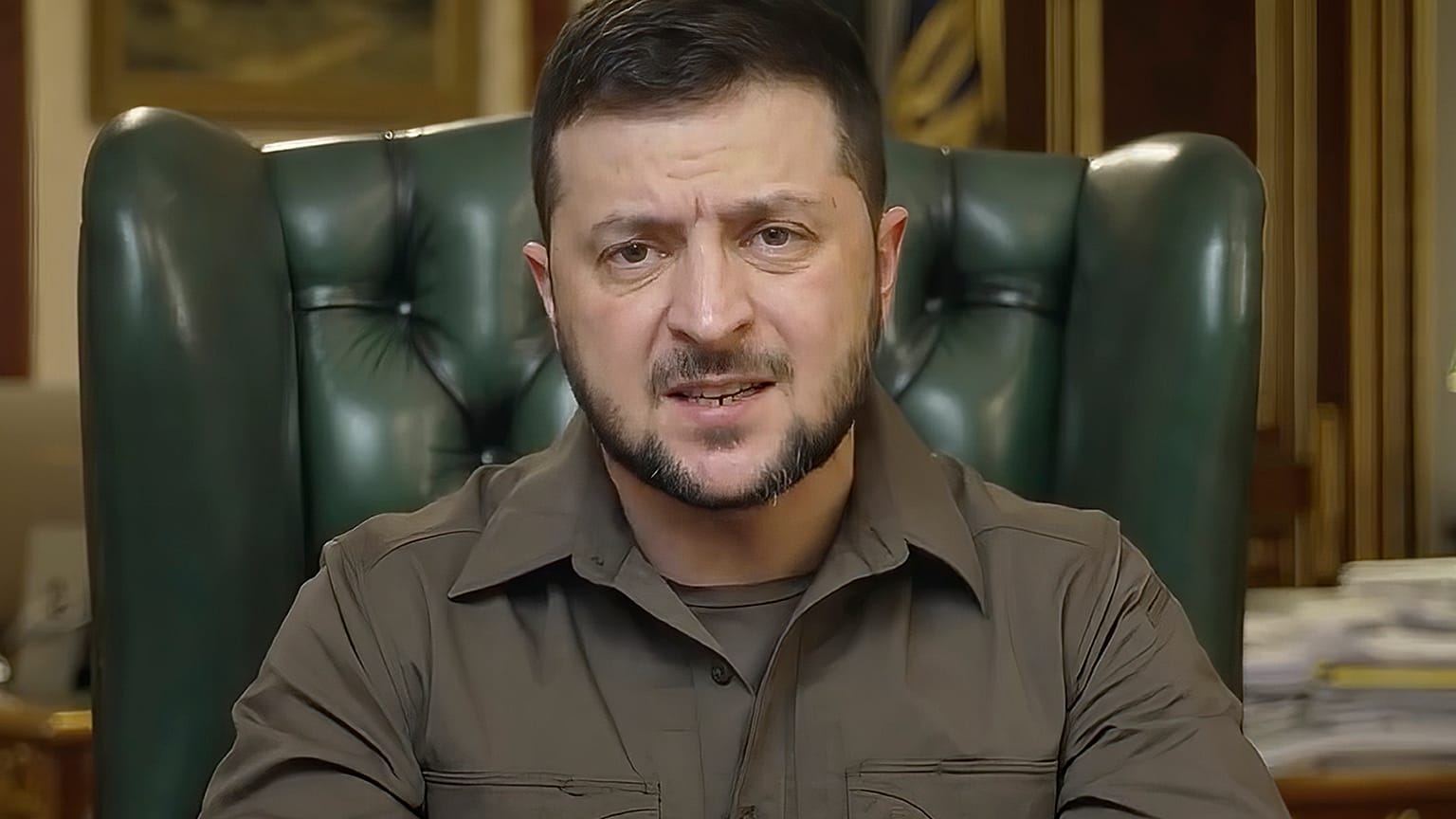 In this image from video provided by the Ukrainian Presidential Press Office, Ukrainian President Volodymyr Zelenskyy speaks from Kyiv