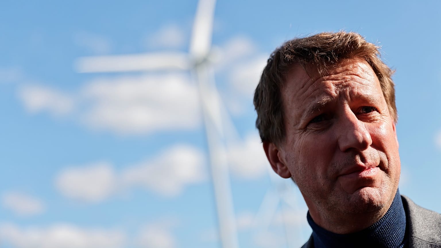 Green Party candidate for the 2022 presidential campaign Yannick Jadot visits a wind farm near Saint-Pere-en-Retz, Brittany, Friday, Oct.22, 2021.