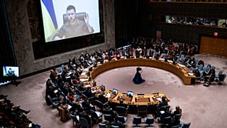 Le président ukrainien, Volodymyr Zelensky, devant le Conseil de sécurité de l'ONU, le 5 avril 2022