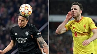 Darwin Nuñez (Benfica) e Diogo Jota (Liverpool) defrontam-se na Liga dos Campeões