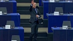 Angel Dzhambazki made the gesture at the European Parliament in Strasbourg on February 16.