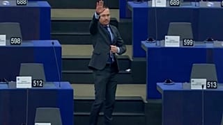 Angel Dzhambazki made the gesture at the European Parliament in Strasbourg on February 16.
