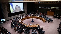 Ukrainian President Volodymyr Zelenskyy speaks via remote feed during a meeting of the UN Security Council, Tuesday, April 5, 2022, at United Nations headquarters.