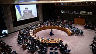 Ukrainian President Volodymyr Zelenskyy speaks via remote feed during a meeting of the UN Security Council, Tuesday, April 5, 2022, at United Nations headquarters.