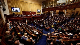 Ukraine President Volodymyr Zelenskyy is appaluded after addressing a Joint Sitting of both Dail and Seanad Eireann (the Houses of the Oireachtas, Irish Parliament)