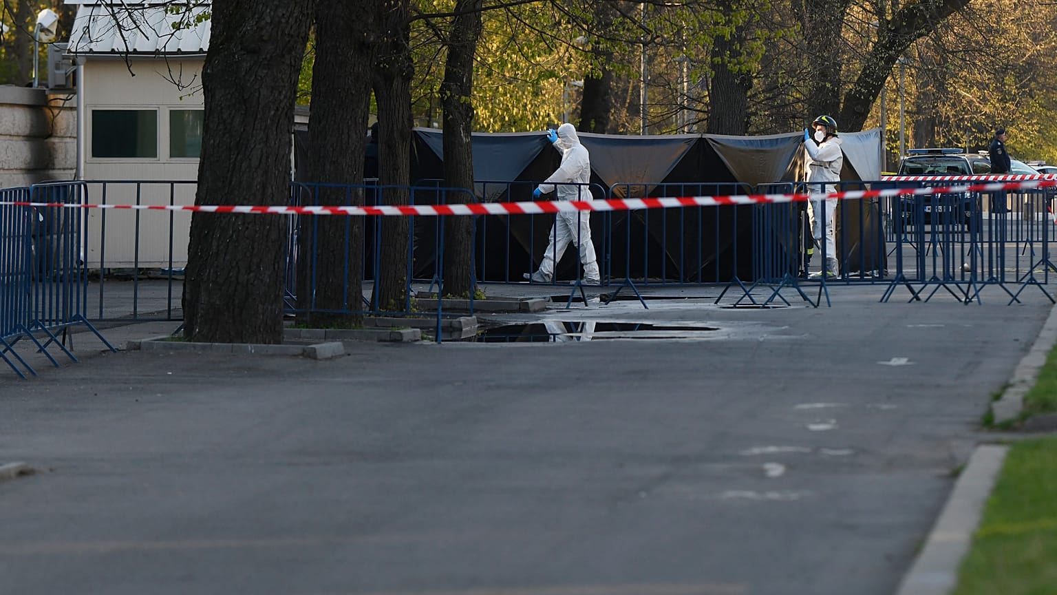 Police in Bucharest say the car rammed into the embassy gate at about 06:00 CET.