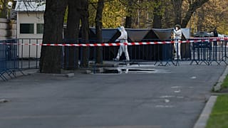 Police in Bucharest say the car rammed into the embassy gate at about 06:00 CET.