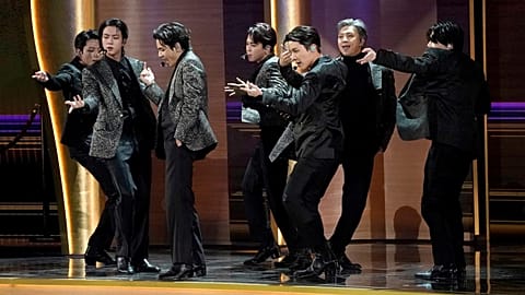 BTS performs "Butter" at the 64th Annual Grammy Awards on Sunday, April 3, 2022, in Las Vegas.