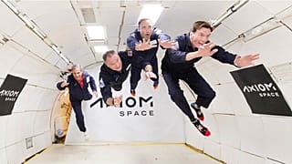 Image shows the Ax-1 crew during a Zero-G flight training (L-R) Eytan Stibbe, Michael Lopez-Alegria, Mark Pathy and Larry Connor.