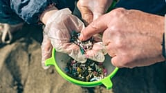 People investigating small pieces of plastic found on a beach.