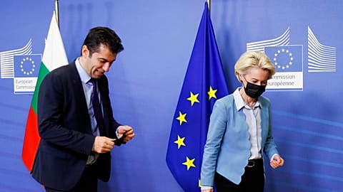 European Commission President Ursula von der Leyen greets Bulgaria's Prime Minister Kiril Petkov prior to an EU meeting in December.