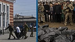 Montage : à gauche : victime de l'attaque de la gare de Kramatorsk, le 8/4/2022  // à droite : Ursula von der Leyen à Boutcha, le 8/04/2022