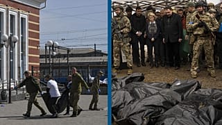 Montage : à gauche : victime de l'attaque de la gare de Kramatorsk, le 8/4/2022  // à droite : Ursula von der Leyen à Boutcha, le 8/04/2022