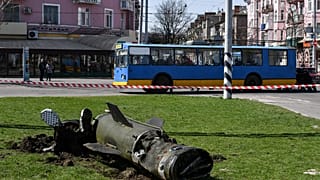 The remains of a rocket is seen on the ground in the aftermath of a rocket attack on the railway station in Kramatorsk, in Ukraine's Donbas region on April 8, 2022.