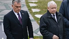 Viktor Orban (L) and Jaroslaw Kaczynski (R) are pictured in Budapest in April 2018.
