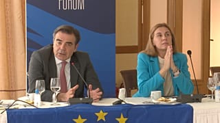 Ο Μ. Σχοινάς και η Κ. Σίμσον στη συνέντευξη τύπου στο Οικονομικό Φόρουμ των Δελφών