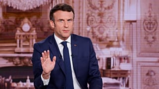 French President Emmanuel Macron and centrist candidate for reelection at French TV station TF1 in Boulogne-Billancourt, outside Paris, Wednesday, April 6, 2022