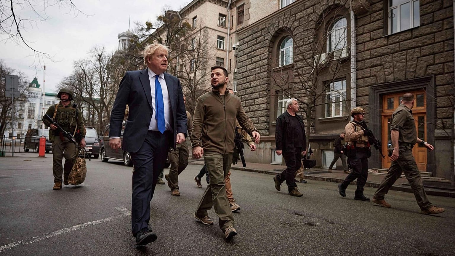 Ukraine's President Volodymyr Zelenskyy and Britain's PM Boris Johnson walk in downtown Kyiv, Ukraine, Saturday, 9 April, 2022