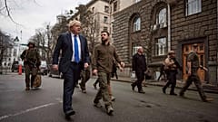 Ukraine's President Volodymyr Zelenskyy and Britain's PM Boris Johnson walk in downtown Kyiv, Ukraine, Saturday, 9 April, 2022