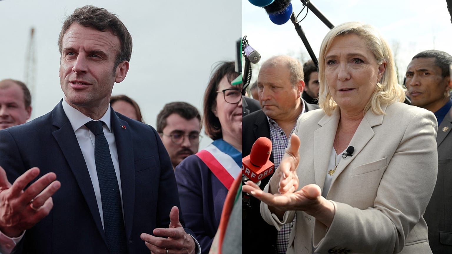 Montage : les candidats qualifiés pour le second tour de la présidentielle sur le terrain le 11/4/2022, Macron à Denain et Le Pen à Soucy