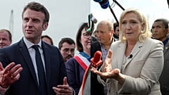 Montage : les candidats qualifiés pour le second tour de la présidentielle sur le terrain le 11/4/2022, Macron à Denain et Le Pen à Soucy