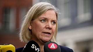 Sweden's Prime Minister Magdalena Andersson speaks to the media in London.