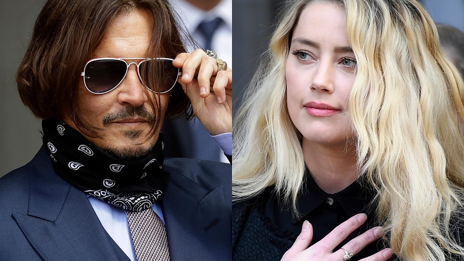 Johnny Depp appears at the High Court in London, on July 17, 2020, left, and Amber Heard appears outside the High Court in London on July 28, 2020. 