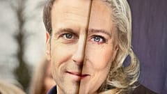 Egymásba illesztve Macron és Le Pen arcképe egy 2022. április 6-án Marseille-ben készített fotón