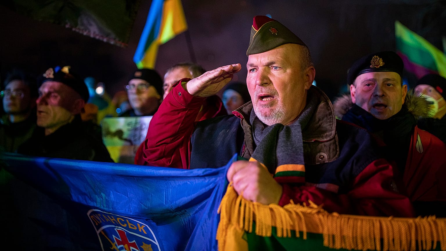 People take part in a protest against Russian invasion of Ukraine, in Vilnius, 24 February 2022