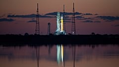 The Space Launch System (SLS) rocket with the Orion spacecraft aboard is seen atop a mobile launcher at NASA's Kennedy Space Center on Monday, April 4, 2022.