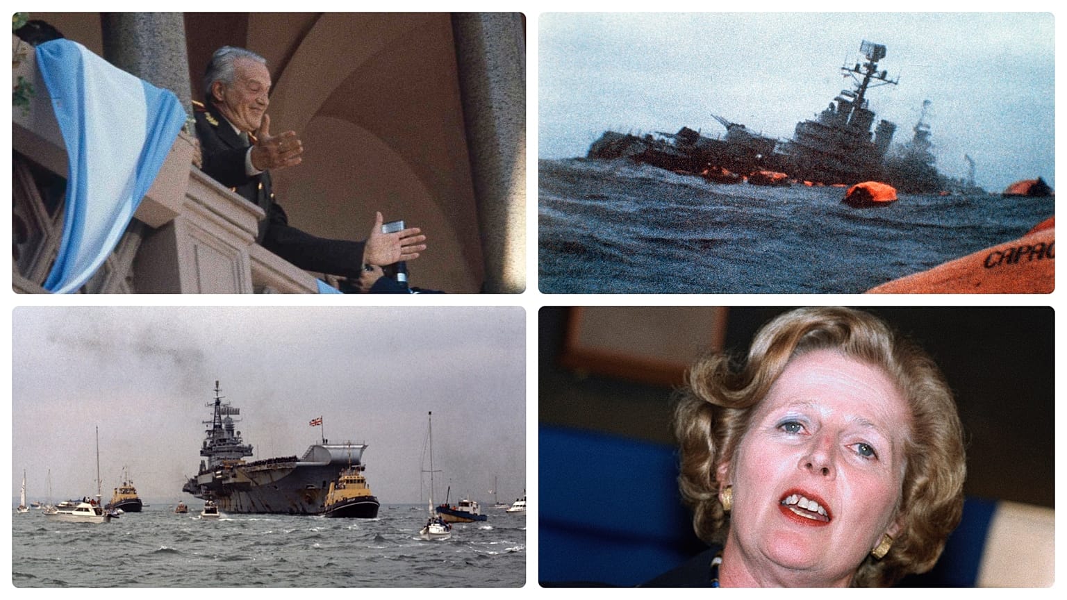 Leopoldo Galtieri tábornok (bf), süllyed a Belgrano (jf), hazatért a Hermes (bl), Margaret Thatcher (jl)