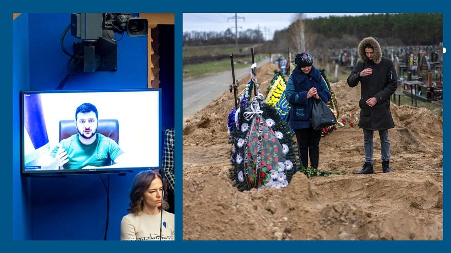 A g. : le président ukrainien Volodymyr Zelensky (13/042022) - A dr. : enterrement d'une victime de la guerre près de Kyiv (13/04/2022)
