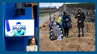 A g. : le président ukrainien Volodymyr Zelensky (13/042022) - A dr. : enterrement d'une victime de la guerre près de Kyiv (13/04/2022)