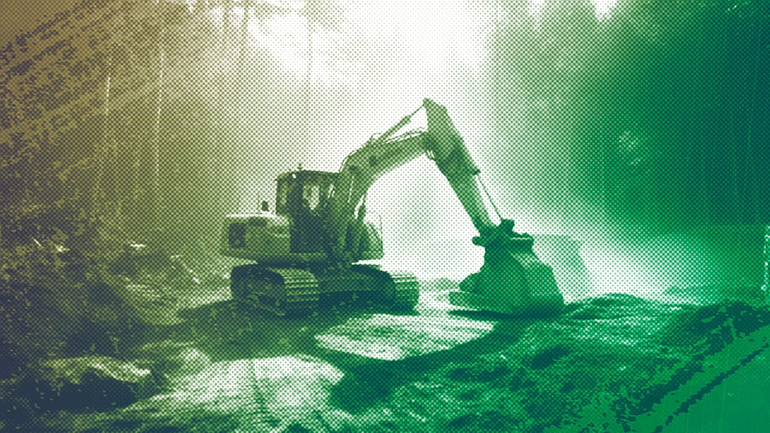 An illustration of an excavator amid deforestation