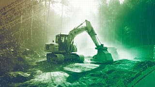 An illustration of an excavator amid deforestation