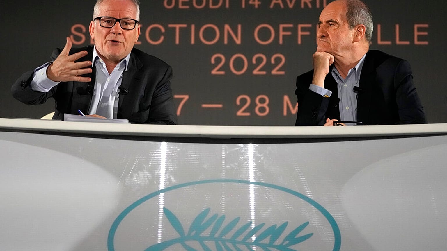 Festival delegate general Thierry Fremaux and festival president Pierre Lescure attend a press conference to announce the Cannes film festival line up