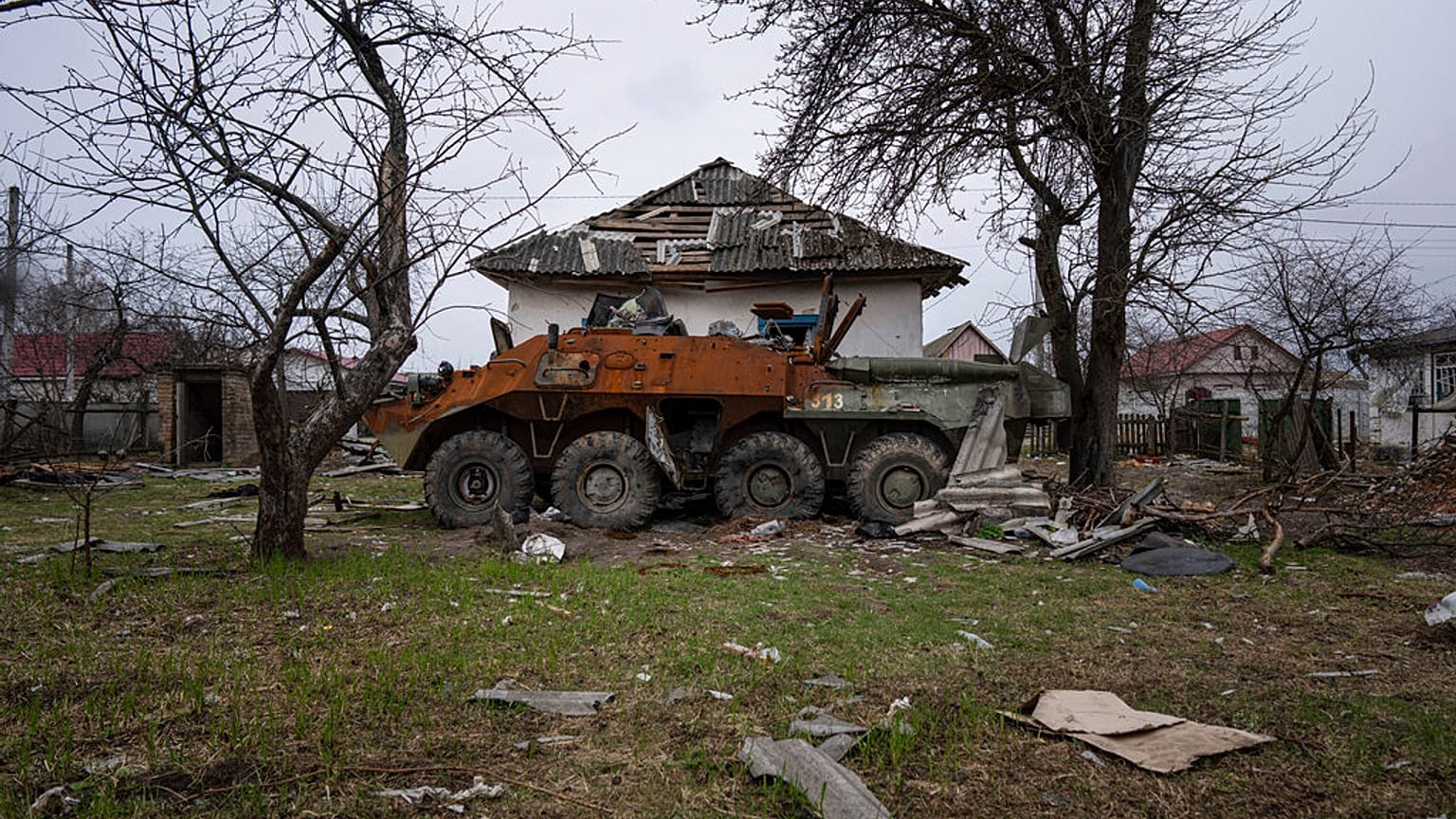 A Russian armoured fighting vehicle destroyed during the war with Ukraine is seen at the residential area in Yahidne