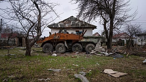 A Russian armoured fighting vehicle destroyed during the war with Ukraine is seen at the residential area in Yahidne