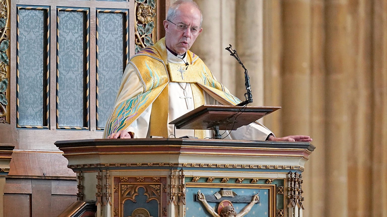 The Archbishop of Canterbury Justin Welby leads the Easter Sung Eucharist at Canterbury Cathedral in Kent, England, Sunday April 17, 2022.