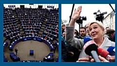 A g. : parlement européen à Strasbourg (05/04/2022) / A dr. : Marine Le Pen en campagne à St-Pierre-en-Auge, Normandie (18/04/2022)