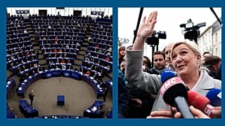 A g. : parlement européen à Strasbourg (05/04/2022) / A dr. : Marine Le Pen en campagne à St-Pierre-en-Auge, Normandie (18/04/2022)