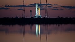 The Space Launch System (SLS) rocket with the Orion spacecraft aboard