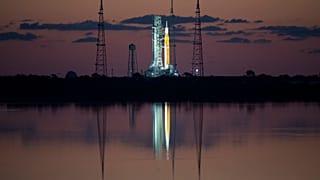 The Space Launch System (SLS) rocket with the Orion spacecraft aboard