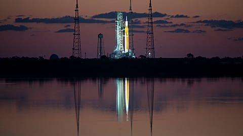The Space Launch System (SLS) rocket with the Orion spacecraft aboard