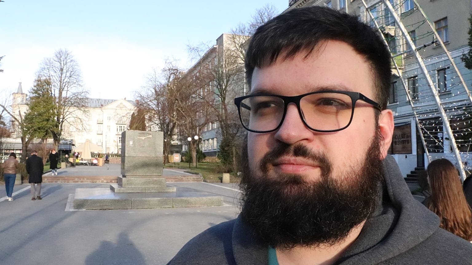 Dmytro Fedorchak, 28, in front of the now-removed statue of Alexander Pushkin in Ternopil