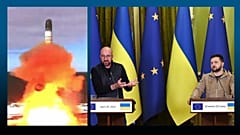 A g. : lancement réussi d'un missile balistique intercontinental Sarmat en Russie, le 20/04/2022 // A dr. : Charles Michel et Volodymyr Zelensky à Kyiv, le 20/04/2022